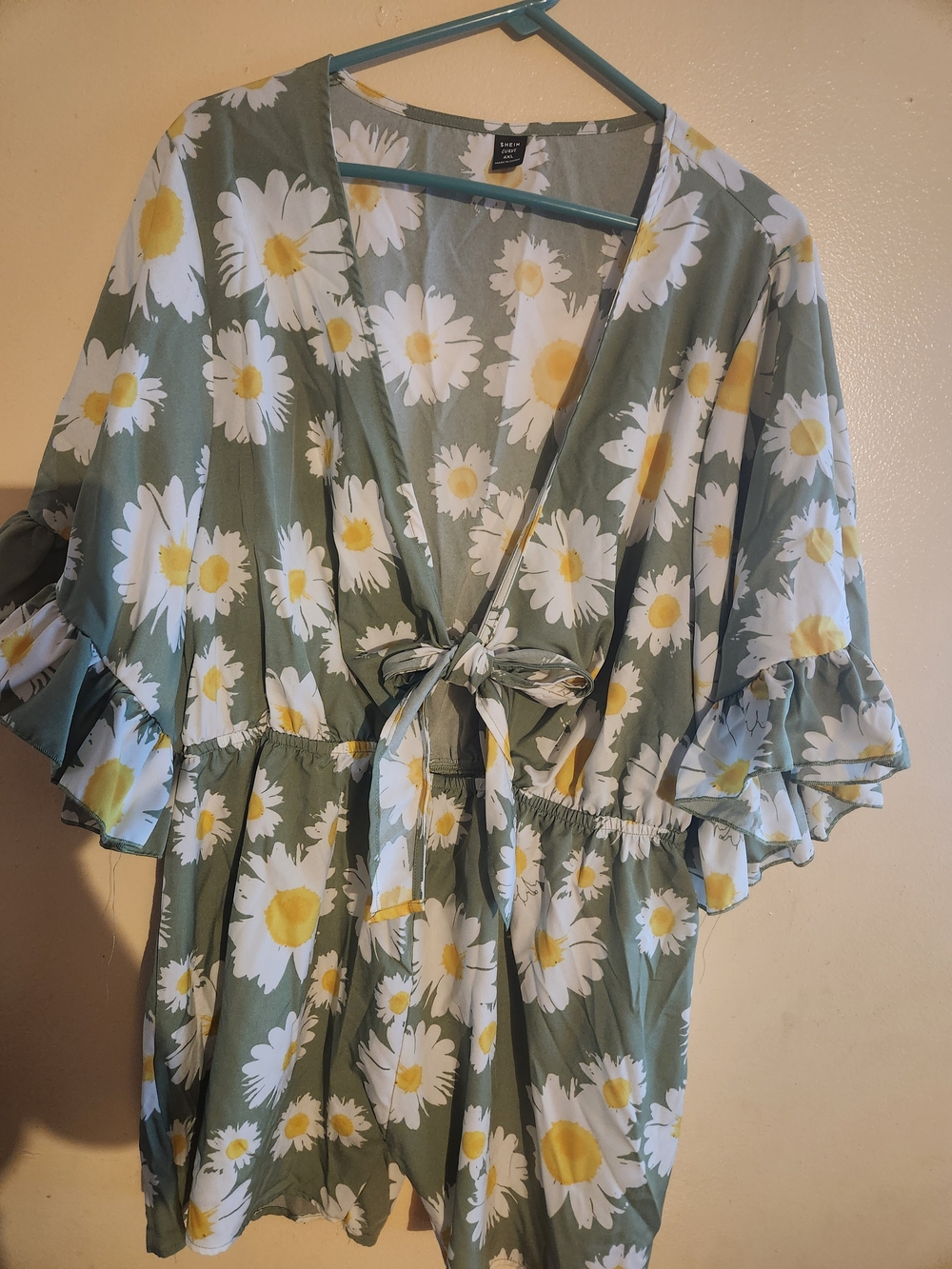 Floral Tie-Front Women’s Top - Sage Green with White & Yellow Daisies